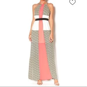 Xtaren Coral/Ivory Color-block Printed Maxi Dress